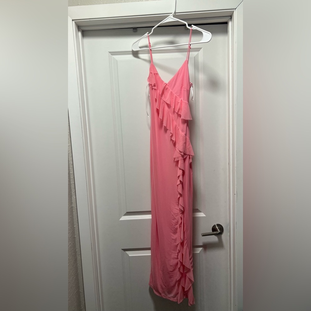 Pink debbie midi Dress with Cascading Ruffle with slit